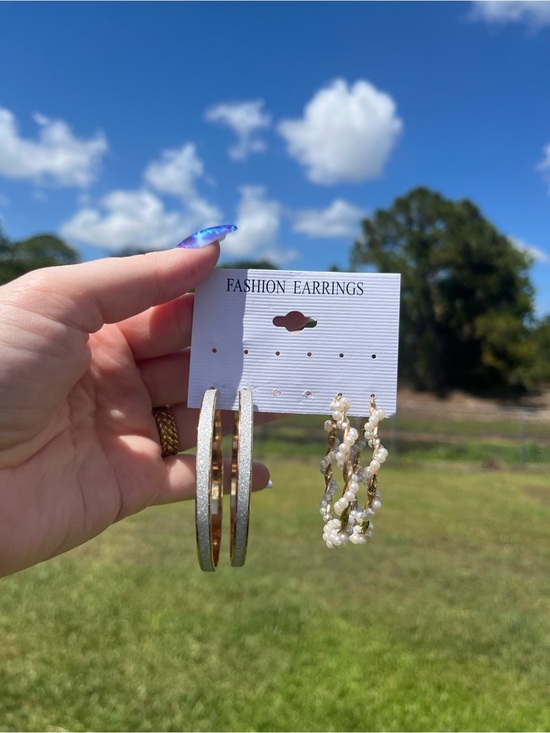 Jewelry - Fashion Earrings Set - Gold & Pearly White Hoop and Beaded Drop Earrings